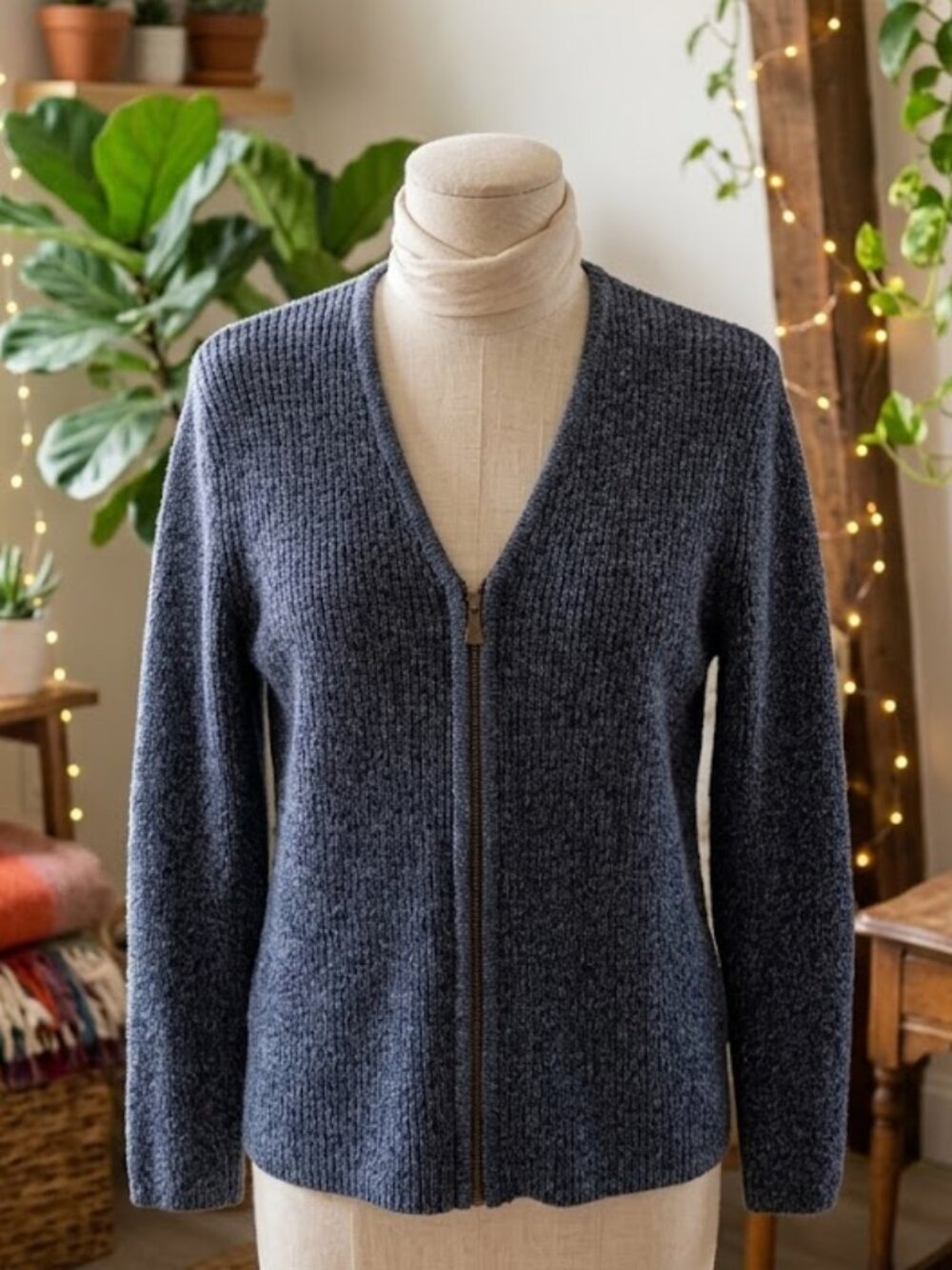 Liz Claiborne Liz Sport Vintage 90s Zip Cardigan Sweater Size L Navy Ribbed Knit